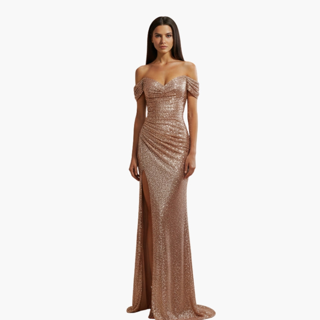 Naisten olkapäät paljastava mekko paljettipinnalla