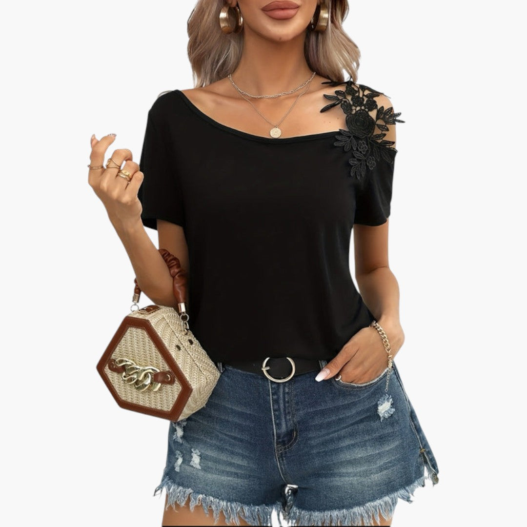 Elsa - paita leveällä pääntiellä ja kukkakoristeella