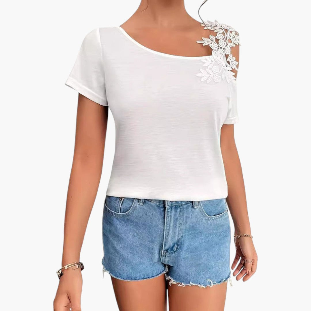 Elsa - paita leveällä pääntiellä ja kukkakoristeella